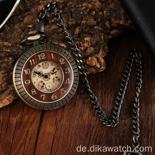Vintage Holz Kreis geschnitzte Nummer Zifferblatt mechanische Taschenuhr Männer einzigartige hohle Steampunk Bronze mechanische Uhr Uhrenkette